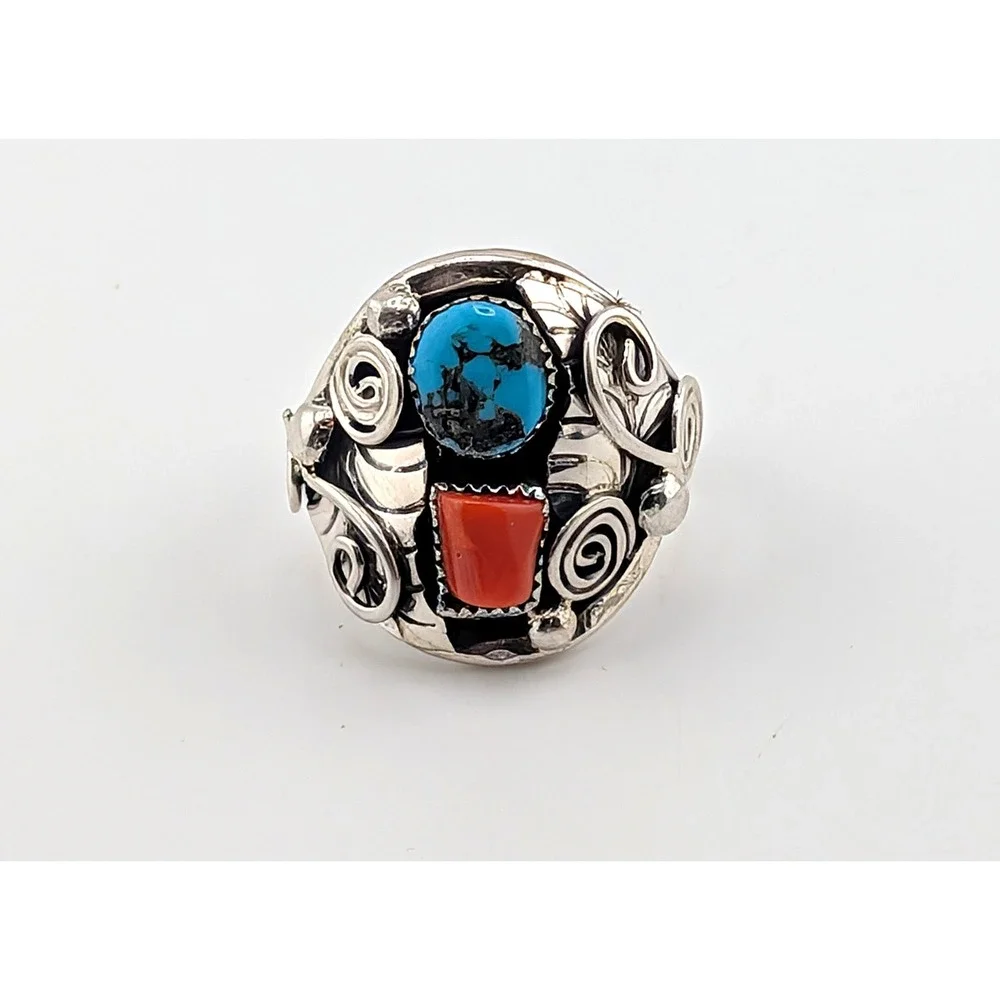 Navajo Men's Ring Sterling Silver Turquoise Coral by Lorena Brown sz 11.5 ***